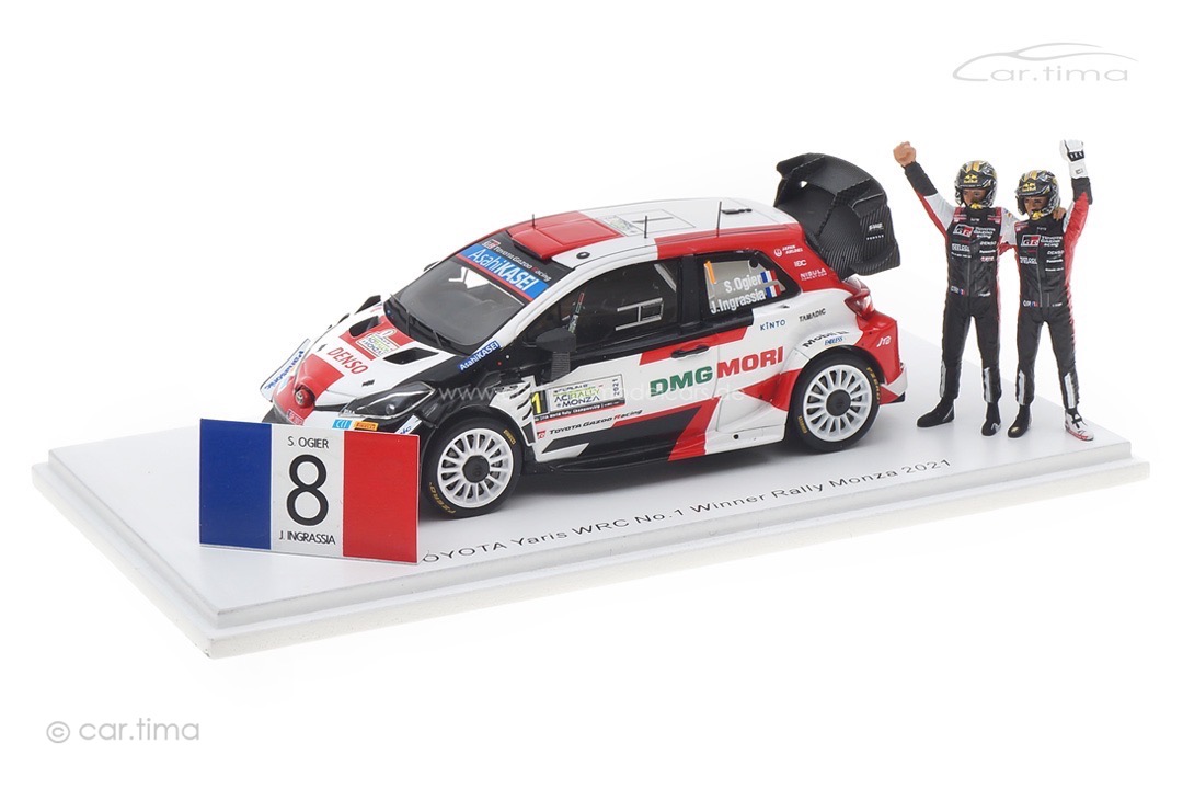 Toyota Yaris WRC Winner Rallye Monza 2021 with figurines and flag Ogier/Ingrassia Spark 1:43 S6595